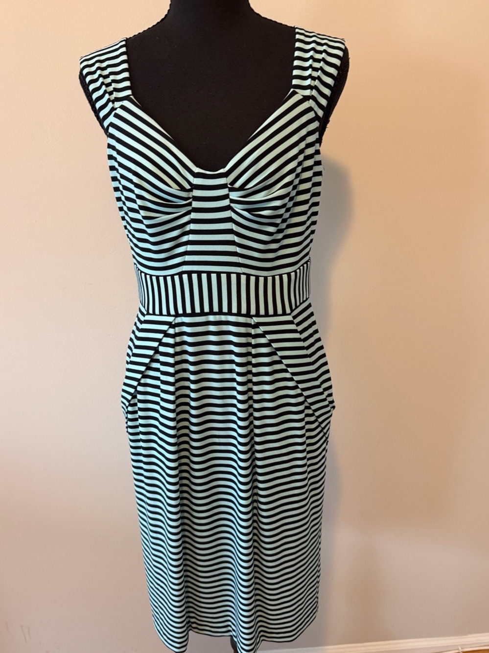 Roz & Ali Mint and Black Striped Sleeveless Fit-and-Flare Dress